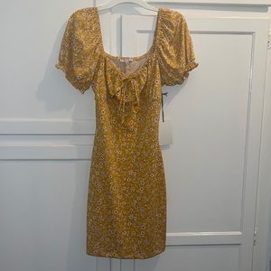 Yellow Ditsy Floral Print Off Shoulder Hem Dress.